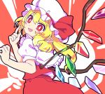  1girl bangs blonde_hair blush coin commentary cowboy_shot crystal eyebrows_visible_through_hair flandre_scarlet frilled_shirt_collar frills from_side hands_up hat hat_ribbon head_tilt holding holding_coin long_hair looking_at_viewer maguro_(mawaru_sushi) mob_cap multicolored_wings open_mouth outline pointy_ears puffy_short_sleeves puffy_sleeves red_background red_eyes red_ribbon red_skirt red_vest ribbon shaft_look shirt short_sleeves side_ponytail skirt skirt_set smile solo touhou vest white_headwear white_shirt wings 