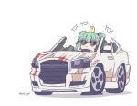  1girl :| animal_on_head bird bird_on_head broken car closed_mouth double_bun flat_tire grand_theft_auto grand_theft_auto_v green_hair ground_vehicle heart heart-shaped_pupils hololive kukie-nyan motor_vehicle on_head pink-framed_eyewear piyoko_(uruha_rushia) simple_background solo sunglasses symbol-shaped_pupils twitter_username uruha_rushia virtual_youtuber white_background 