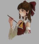  1girl ascot bangs bare_shoulders bow brown_eyes brown_hair clip_studio_paint_(medium) commentary cropped_torso detached_sleeves english_commentary expressionless frilled_ascot frilled_bow frilled_shirt_collar frills gohei grey_background hair_bow hair_tubes hakurei_reimu hand_up highres holding holding_stick long_sleeves looking_away looking_to_the_side medium_hair orange_ascot profile red_bow red_ribbon red_vest ribbon ribbon-trimmed_sleeves ribbon_trim sidelocks simple_background solo stick touhou treeware upper_body vest white_sleeves wide_sleeves 