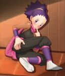  1girl blush breasts closed_mouth commentary_request eyelashes full_body hand_up index_finger_raised janine_(pokemon) pants pokemon pokemon_(game) pokemon_hgss purple_eyes purple_hair purple_scarf ryuntack scarf shiny_floor soles solo tabi tied_hair wooden_floor 