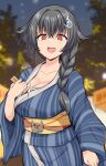  1girl absurdres blue_kimono braid breasts collarbone empty_eyes eyebrows_visible_through_hair false_smile hair_between_eyes hair_flaps highres holding holding_knife japanese_clothes jingei_(kancolle) kantai_collection kimono knife large_breasts long_hair long_sleeves mizunoe_kotaru obi open_mouth red_eyes sash single_braid solo wide_sleeves yukata 