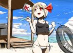  1girl baketsuya beach bikini bird blonde_hair blush camisole cloud day eyebrows_visible_through_hair fang food hair_ribbon innertube is_that_so lower_teeth melting ocean popsicle red_eyes red_ribbon ribbon rumia seagull short_hair side-tie_bikini solo swimsuit tankini teeth touhou transparent white_bikini 