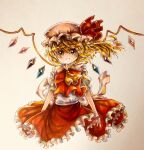  1girl ascot back_bow blonde_hair bow crystal flandre_scarlet frilled_shirt frilled_shirt_collar frilled_skirt frilled_sleeves frills grin hat hat_ribbon highres hisako_(6anmbblfnjueeff) mob_cap one_side_up photo_(medium) puffy_short_sleeves puffy_sleeves red_bow red_eyes red_ribbon red_skirt red_vest ribbon shirt short_hair short_sleeves skirt smile solo tears touhou traditional_media vest white_background white_bow white_ribbon white_shirt wings yellow_neckwear 