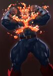  1boy ass_visible_through_thighs bara beard biceps blue_bodysuit bodysuit boku_no_hero_academia bulge covered_abs endeavor_(boku_no_hero_academia) erection erection_under_clothes facial_hair fire flexing henry_partum highres large_pectorals male_focus mature_male muscular muscular_male pectorals pose reward_available short_hair skin_tight solo spiked_hair thick_thighs thighs 