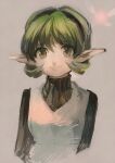  1girl aoki_(fumomo) bangs black_hairband brown_sweater cropped_torso eyebrows_visible_through_hair fairy green_hair grey_background hairband looking_at_viewer pointy_ears saria_(the_legend_of_zelda) short_hair simple_background smile solo_focus sweater the_legend_of_zelda the_legend_of_zelda:_ocarina_of_time upper_body vest 
