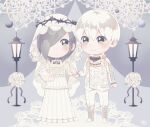  1boy 1girl :o alternate_costume animal bangs blush bunny chibi couple dress flower hair_over_one_eye hetero holding holding_animal holding_bunny jacket kaneki_ken kirishima_touka lamp long_sleeves looking_at_another nabe-box pants short_hair smile tokyo_ghoul tokyo_ghoul:re veil wedding_dress white_dress white_flower white_footwear white_hair white_jacket white_pants 