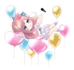  1girl :d balloon bare_shoulders blush brown_hair chibi commentary_request copyright_request crown dress flower green_eyes hair_flower hair_ornament heart_balloon highres layered_dress liang_feng_qui_ye long_hair microphone mini_crown pink_flower pink_rose pleated_dress rose simple_background smile socks solo tilted_headwear white_background white_dress white_legwear 