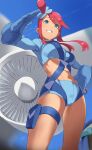  1girl absurdres aircraft airplane bangs blue_eyes blue_gloves blue_jacket blue_shorts breasts cropped_jacket gloves hair_ornament highres jacket large_breasts long_hair long_sleeves looking_at_viewer midriff navel one_side_up pokemon pokemon_(game) pokemon_bw pretty-purin720 red_hair short_shorts shorts sidelocks skyla_(pokemon) smile solo thigh_pouch thighs tied_hair turbine 