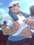  1boy akiha_gongen_(housamo) bandaid bandaid_on_nose bara blush bottle clothes_around_waist clothes_lift dark-skinned_male dark_skin dog_tags facial_hair feet_out_of_frame fundoshi goatee highres holding holding_bottle horns incoming_drink jacket jacket_around_waist japanese_clothes kurosabi lifted_by_self looking_at_viewer male_focus male_underwear male_underwear_peek midriff multicolored_hair muscular muscular_male one_eye_closed scar scar_across_eye shirt_lift short_hair single_horn solo stomach sweat thick_eyebrows tokyo_afterschool_summoners two-tone_hair underwear white_hair white_male_underwear 