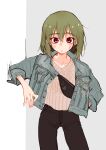  1girl absurdres alternate_costume bangs black_pants blush collarbone cowboy_shot denim denim_jacket expressionless eyebrows_visible_through_hair fanny_pack green_hair hair_between_eyes hand_in_pocket highres idolmaster idolmaster_million_live! jacket looking_at_viewer nagayoshi_subaru nitta_hiroto open_clothes open_jacket pants red_eyes short_hair sleeves_folded_up solo 