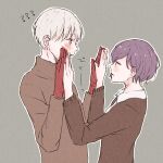  1boy 1girl ? ?? bangs blush blush_stickers brown_sweater collared_shirt eye_contact grey_hair hands_up highres holding_hands kaneki_ken kirishima_touka looking_at_another outline purple_hair shirt short_hair sweatdrop sweater tokyo_ghoul tokyo_ghoul:re toukaairab turtleneck white_outline 