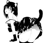 1girl absurdres animal_ears ass bangs bent_over blush breasts cat_ears cat_girl cat_tail commentary_request dress eyebrows_visible_through_hair fake_animal_ears fake_tail gloves greyscale highres hoshizuki_kaede kyokucho looking_back monochrome original short_hair simple_background solo sweat tail tearing_up tears thighhighs white_background 