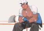  1boy akiha_gongen_(housamo) bandaid bandaid_on_nose bara bare_pectorals black_pants blush clothes_lift dark-skinned_male dark_skin dichuan_(arriverw) dog_tags facial_hair feet_out_of_frame goatee highres horns large_pectorals looking_at_viewer male_focus mature_male multicolored_hair muscular muscular_male nipples pants pectorals scar scar_across_eye shirt_behind_neck shirt_lift short_hair single_horn solo thick_eyebrows tokyo_afterschool_summoners two-tone_hair white_hair 