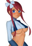  1girl areola_slip areolae bangs blue_eyes blue_jacket blush breasts closed_mouth commentary_request covered_nipples cropped_jacket frown gatchan gloves hair_ornament highres jacket looking_at_viewer navel one_side_up pokemon pokemon_(game) pokemon_bw red_hair short_hair_with_long_locks sidelocks skyla_(pokemon) solo tied_hair turtleneck 