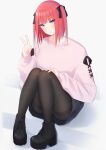  1girl absurdres bangs black_footwear black_legwear black_ribbon black_skirt blunt_bangs boots go-toubun_no_hanayome highres medium_hair nakano_nino pantyhose pink_hair pink_sweater ribbon sitting skirt sweater twintails umetasuku v 