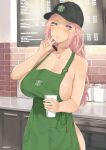  1girl apron areola_slip areolae bangs bare_shoulders blue_eyes blush breasts cleavage coffee_cup collarbone commentary cowboy_shot cup disposable_cup eyebrows_visible_through_hair finger_to_mouth green_apron grin hat highres holding holding_cup holding_marker holding_pen huge_breasts iced_latte_with_breast_milk_(meme) index_finger_raised indoors long_hair looking_at_viewer marker meme mole mole_on_breast naked_apron original pen pink_hair reward_available shushing smile solo standing starbucks throtem 