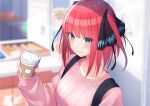  1girl backpack bag bangs black_ribbon blunt_bangs casual coffee_cup cup disposable_cup go-toubun_no_hanayome highres nakano_nino pink_hair pink_sweater ribbon smile sweater twintails umetasuku upturned_eyes 