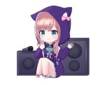  1girl :3 :q animal_ears animal_hood bangs blue_dress bow braid brown_hair cat_hood chibi closed_mouth collared_dress commentary_request dress eyebrows_visible_through_hair fake_animal_ears full_body green_eyes hair_ornament hairclip headphones headphones_around_neck highres hood hood_up hooded_jacket jacket knees_up liang_feng_qui_ye long_hair long_sleeves looking_at_viewer microphone nijisanji open_clothes open_jacket pink_bow pink_footwear puffy_long_sleeves puffy_sleeves purple_jacket shoes simple_background sitting sleeves_past_wrists solo speaker suzuhara_lulu tongue tongue_out virtual_youtuber white_background white_bow 