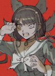  1girl bangs bow bowtie buttons chabashira_tenko choker collarbone danganronpa_(series) danganronpa_v3:_killing_harmony double-breasted fangs hair_ornament hair_ribbon hands_up highres long_hair long_sleeves looking_at_viewer open_mouth red_background ribbon sailor_collar sema_(vivaviva_02) shiny shiny_hair shirt simple_background solo star_(symbol) star_hair_ornament twintails 