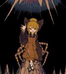  1girl absurdres arthropod_legs bangs black_background blonde_hair bobby_socks bow brown_bow brown_dress brown_eyes brown_footwear brown_shirt buttons commentary crossed_legs dress eyebrows_visible_through_hair full_body hair_bow hair_bun hand_up highres kurodani_yamame layered_sleeves legs_together long_sleeves looking_at_viewer medium_hair neruzou open_mouth pleated_dress reaching_out ribbon shirt shoes sitting sleeves_past_fingers sleeves_past_wrists smile socks solo stalactite stalagmite straight_hair touhou touhou_gouyoku_ibun white_legwear wide_sleeves yellow_ribbon 