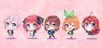  5girls absurdres bangs blue_eyes blush breasts brown_hair chibi closed_mouth eyebrows_behind_hair eyebrows_visible_through_hair go-toubun_no_hanayome green_ribbon hair_between_eyes hair_ornament hair_ribbon headphones headphones_around_neck highres large_breasts long_hair long_sleeves looking_at_viewer medium_hair multiple_girls nakano_ichika nakano_itsuki nakano_miku nakano_nino nakano_yotsuba open_mouth orange_hair pink_hair red_hair ribbon rinne_(mizunosato) school_uniform shirt short_hair skirt smile star_(symbol) star_hair_ornament 