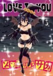  1girl alternate_costume bat_wings black_hair boots cloud copyright_name crescent_moon elbow_gloves fake_wings flower gloves hair_flower hair_ornament halloween hat jack-o&#039;-lantern_hat_ornament kajikunya looking_at_viewer midriff mizuno_ai moon navel outstretched_arms red_eyes short_hair solo sparkle sparkle_background standing standing_on_one_leg strapless thighhighs tube_top wings witch witch_hat zombie_land_saga 