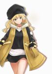  1girl absurdres am1m black_dress black_headwear blonde_hair coat dress green_eyes hands_in_pockets hat highres jewelry long_hair looking_at_viewer mabinogi necklace open_clothes open_coat original pointy_ears sash simple_background smile solo thigh_gap white_background white_sash yellow_coat 
