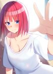  1girl bangs blunt_bangs blush bra breasts cleavage commentary_request go-toubun_no_hanayome highres medium_hair nakano_nino peeking_out pink_bra pink_hair shirt smile t-shirt umetasuku underwear 