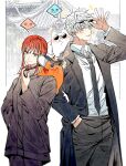  1boy 1girl absurdres adjusting_eyewear animal black_coat black_jacket black_necktie black_pants blue_eyes braid braided_ponytail cat chainsaw_man closed_mouth coat collared_shirt cosplay cowboy_shot crossover dmsco1803 dress_shirt eyewear_on_head gojou_satoru gojou_satoru_(cosplay) hand_in_pocket hand_up highres jacket jujutsu_kaisen long_hair long_sleeves makima_(chainsaw_man) makima_(chainsaw_man)_(cosplay) monster necktie pants pochita_(chainsaw_man) red_hair ringed_eyes round_eyewear shirt short_hair sidelocks single_braid smile standing sunglasses white_hair white_shirt 