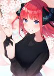  1girl :d bangs black_dress black_ribbon blue_eyes blunt_bangs blush cherry_blossoms dress go-toubun_no_hanayome highres medium_hair nail_polish nakano_nino pink_hair ribbon smile twintails umetasuku 