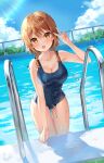  1girl :d ass_visible_through_thighs bangs bare_arms blue_sky blue_swimsuit breasts brown_hair chain-link_fence cleavage cloud collarbone commentary day eyebrows_visible_through_hair fence highres looking_at_viewer mayo_(miyusa) medium_breasts natsuki_hinata open_mouth orange_eyes outdoors pool pool_ladder poolside revision school_swimsuit sky smile solo standing swimsuit thighs tonari_no_kyuuketsuki-san v water water_drop wet 