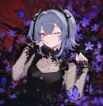  1girl aiko_(kanl) black_dress blue_butterfly bug butterfly closed_mouth dress finger_to_mouth flower frilled_dress frills grey_hair hair_intakes hands_up highres long_sleeves looking_at_viewer nail_polish one_eye_closed original purple_flower red_eyes see-through_sleeves short_hair solo two_side_up upper_body 