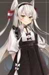  1girl alternate_costume amatsukaze_(kancolle) black_dress black_hairband blush brown_eyes closed_mouth collared_shirt dress eyebrows_visible_through_hair frilled_dress frills hair_between_eyes hair_tubes hairband highres kantai_collection long_hair puffy_sleeves revision reward_available shirt silver_hair smile solo two_side_up upper_body white_shirt windsock yunamaro 