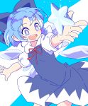  1girl :d bangs blue_background blue_bow blue_dress blue_eyes blue_hair blush bow cirno collared_shirt commentary cowboy_shot detached_wings dress eyebrows_visible_through_hair facing_viewer fairy_wings hair_bow holding holding_star ice ice_wings looking_at_object maguro_(mawaru_sushi) neck_ribbon open_mouth outstretched_arms pinafore_dress puffy_short_sleeves puffy_sleeves red_ribbon ribbon shirt short_hair short_sleeves smile solo sparkle star_(symbol) touhou white_background white_shirt wings 