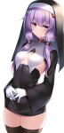  1girl black_dress breast_curtains breasts commentary cowboy_shot dress eyebrows_visible_through_hair habit highres kutan looking_at_viewer nun purple_eyes purple_hair short_hair_with_long_locks skin_tight small_breasts smile solo thighhighs thighs veil vocaloid voiceroid yuzuki_yukari 