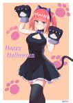  1girl absurdres animal_ears bangs black_dress black_legwear blunt_bangs breasts cat_ears cat_tail cleavage dress go-toubun_no_hanayome halloween halloween_costume highres nakano_nino pink_hair tail thighhighs twintails umetasuku 