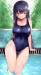  1girl absurdres arm_support bangs bare_legs black_hair black_legwear breasts chain-link_fence closed_mouth collarbone commentary_request competition_school_swimsuit covered_navel fence grey_eyes groin highleg highres kairi_(miry666) large_breasts legs_together long_hair one-piece_swimsuit open_mouth original pool poolside school_swimsuit sitting skindentation solo swimsuit taut_clothes taut_swimsuit thighs wet wet_clothes wet_swimsuit 