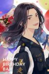  1boy baji_keisuke balloon black_hair black_jacket bouquet character_name confetti flower happy_birthday highres holding holding_bouquet jacket kojirase_potaku long_hair long_sleeves looking_at_viewer male_focus open_mouth over_shoulder smile solo tasuki tokyo_revengers upper_body white_background yellow_eyes 