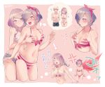  !? 1boy 2girls :d anger_vein bangs bare_shoulders bikini blush border breast_grab breasts brown_background closed_eyes closed_mouth collarbone cropped_legs eyes_visible_through_hair flying_sweatdrops glasses grabbing grabbing_from_behind hair_over_one_eye hair_ribbon heart kagune_(tokyo_ghoul) kamishiro_rize kaneki_ken kirishima_touka long_hair medium_breasts multiple_girls nabe-box navel purple_hair red_bikini ribbon shiny shiny_hair smile stomach striped striped_bikini swimsuit thought_bubble tokyo_ghoul tokyo_ghoul:re translation_request twitter_username white_bikini white_border 