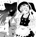  2girls absurdres angry apron ascot blush bow braid closed_eyes commentary_request detached_sleeves eyes_in_shadow gohei greyscale grin hair_bow hair_tubes hakurei_reimu hat hat_bow highres holding holding_clothes holding_hat kirisame_marisa long_hair looking_at_viewer masakano_masaka monochrome multiple_girls side_braid single_braid smile touhou translation_request waist_apron witch_hat 