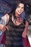  1boy 330armeria baji_keisuke black_hair black_tank_top cross cross_necklace grin hand_up highres jacket jewelry long_hair male_focus necklace off_shoulder smile solo tank_top tokyo_revengers tsurime upper_body v-shaped_eyebrows white_jacket yellow_eyes 