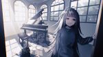  1girl bags_under_eyes bangs black_cat black_clothes black_fur black_hair cat instrument long_hair original piano sunlight whiskers window zyawatea1230 