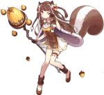  1girl acorn animal_ear_fluff animal_ears ark_order bangs blush bow breasts brown_cape brown_dress brown_eyes brown_footwear brown_gloves brown_hair cape closed_mouth dress flats full_body fur-trimmed_cape fur_trim gloves hair_bow hairband holding holding_staff leg_warmers long_hair looking_at_viewer official_art ratatoskr_(ark_order) red_bow rubbing_eyes sidelocks sleepy sleeveless sleeveless_dress small_breasts solo squirrel_ears squirrel_girl squirrel_tail staff tachi-e tail thigh_strap transparent_background two_side_up white_dress yellow_bow yellow_hairband yue_yue 