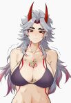  1girl absurdres arataki_itto arms_behind_back between_breasts bikini bikini_top blush bodypaint breasts closed_mouth commentary ear_piercing eyelashes facepaint genderswap genderswap_(mtf) genshin_impact gradient_hair grey_background grey_hair highres horns jewelry large_breasts long_hair multicolored_hair pe1077 piercing purple_bikini red_eyes red_hair setsubun simple_background solo sweat swimsuit symbol-only_commentary tears thick_eyebrows toned upper_body 