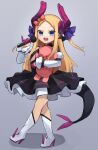  1girl :d abigail_williams_(fate) bangs bare_shoulders black_dress blonde_hair blue_eyes blush breasts cosplay curled_horns dragon_girl dragon_horns dress elizabeth_bathory_(fate) elizabeth_bathory_(fate)_(cosplay) elizabeth_bathory_(fate/extra_ccc) fate/extra fate/extra_ccc fate/grand_order fate_(series) forehead full_body hair_ribbon highres horns layered_skirt long_hair looking_at_viewer miya_(miyaruta) parted_bangs pinky_out ribbon skirt small_breasts smile stuffed_animal stuffed_toy teddy_bear thighs two_side_up white_skirt 