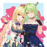  2girls aizawa_ema aizawa_ema_(cosplay) antlers bangs blonde_hair blue_eyes blush braid branch breasts ceres_fauna ceres_fauna_(cosplay) choker cleavage collarbone cosplay costume_switch creator_connection dress eyebrows_visible_through_hair floral_background flower frilled_dress frills gloves green_eyes green_hair hair_flower hair_ornament highres holding_hands hololive hololive_english kinnrui905 lace lace_choker large_breasts leaf long_hair looking_at_viewer mole mole_under_eye multiple_girls smile virtual_youtuber vspo! yellow_eyes 