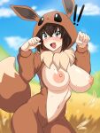  ! !! 1girl absurdres blurry blurry_background blush breasts brown_hair cosplay cowboy_shot day eevee eevee_(cosplay) eevee_ears eevee_tail eyebrows_visible_through_hair fake_tail full-length_zipper fur_collar hagarza_p hair_between_eyes hands_up highres hood hood_up huge_breasts long_sleeves medium_hair navel nipples no_bra older open_clothes open_mouth outdoors paw_pose poke_kid_(pokemon) pokemon pokemon_(game) pokemon_ears pokemon_swsh pokemon_tail sleeveless smile solo stomach surprised sweat tail unzipped wardrobe_malfunction zipper 