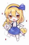  1girl alice_margatroid alice_margatroid_(pc-98) back_bow blonde_hair blue_bow blue_skirt book bow chibi hair_bow puffy_short_sleeves puffy_sleeves shirt short_hair short_sleeves simple_background skirt soooooook2 suspenders touhou touhou_(pc-98) white_background white_bow white_legwear white_shirt yellow_eyes younger 