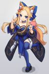  1girl abigail_williams_(fate) animal_ears bangs bare_shoulders blonde_hair blue_bow blue_eyes blue_kimono blue_legwear blush bow breasts cosplay detached_sleeves fate/extra fate/grand_order fate_(series) forehead fox_ears fox_girl fox_shadow_puppet fox_tail full_body hair_bow highres japanese_clothes kimono long_hair looking_at_viewer miya_(miyaruta) obi parted_bangs sash small_breasts smile stuffed_animal stuffed_toy tabi tail tamamo_(fate) tamamo_no_mae_(fate/extra) tamamo_no_mae_(fate/extra)_(cosplay) teddy_bear thighhighs twintails wide_sleeves 