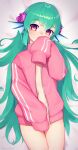  1girl aqua_hair bangs bed_sheet commentary covering_mouth dakimakura_(medium) ear_piercing english_commentary eyebrows_visible_through_hair finana_ryugu flower hair_flower hair_ornament hair_spread_out hand_over_own_mouth head_fins heart heart-shaped_pupils highres jacket long_hair looking_at_viewer lying naked_jacket navel nijisanji nijisanji_en on_back piercing pink_jacket purple_eyes sleeves_past_fingers sleeves_past_wrists solo symbol-shaped_pupils very_long_hair virtual_youtuber yoako 
